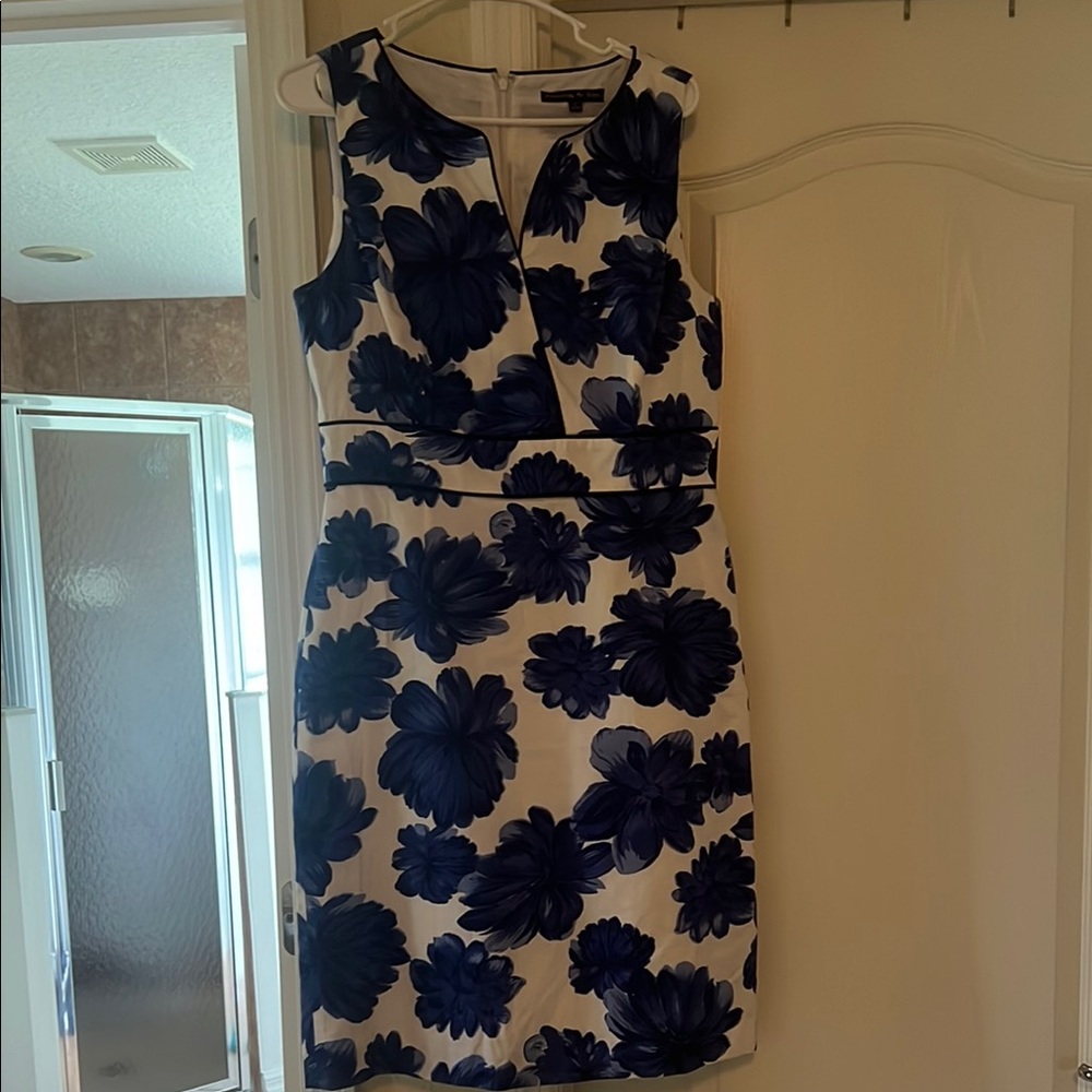 Preston & York V-Neck Sheath Dress Blue and White Midi